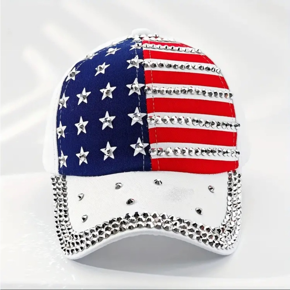 White Glittering Patriotic Rhinestone Baseball Cap - Adjustable, and UV Shielded